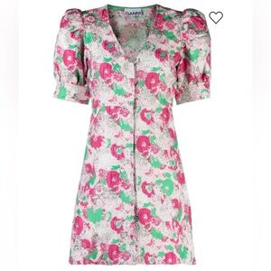 Ganni Sugar Plum Floral Jacquard Pink and Green Floral Button Front Mini Dress